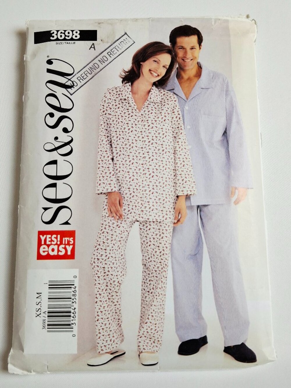 See & Sew 3698 Sz XS,S,M Unisex Pajama Top and Pants Pattern Uncut For Sewing